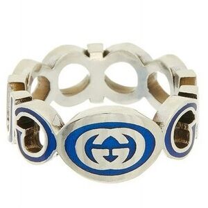 NWT Gucci Interlocking G Sterling Silver and Blue Enamel Band Ring Bag Included